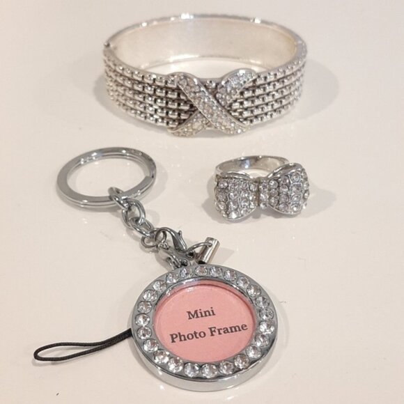 3/$20 3Pc Rhinestone Accessories Set Silver Hinge Bangle Ring Mini Photo Frame - Picture 1 of 13